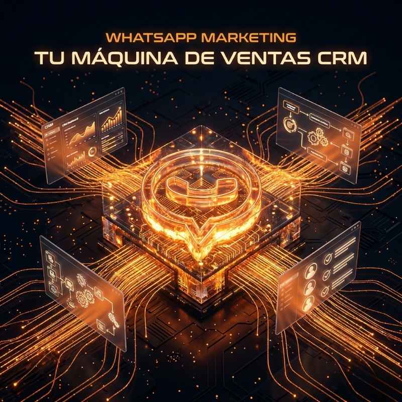 Estrategia de WhatsApp Marketing y CRM con interfaz tecnológica naranja y conexiones de datos digitales de CG Estudios.